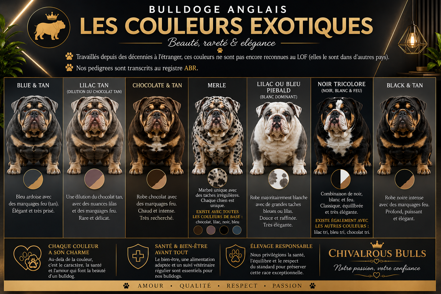 Chiot et adulte bulldog anglais exotique , bleu tan, lilac tan , chocolat tan, noir tan , tricolore , merle | Chivalrous Bulls